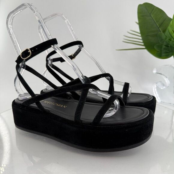 Stuart Weitzman Summerlift Platform Strappy Sandal Round Toe Black Size 10 Flat - Picture 2 of 16